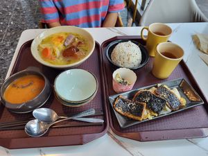 R1 Soup Ramen with Vegan Egg and Stew Loaf. Soup of thr day (tomato). Rice meal of the day (with vegetables and vegan eel). Some extra desserts and tea. Delicious!  ~130 HKD. at Loving Hut 愛家 - Tseuk Luk in Kowloon