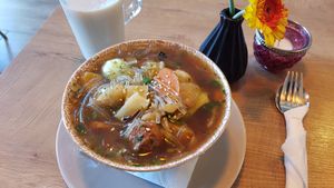 Huitsai (glass noodle soup in spice broth with "meat" balls) at Veganaa in Berlin