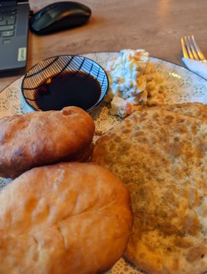 Horrible Mongolian and Russian fried things with frozen potato salad at Veganaa in Berlin