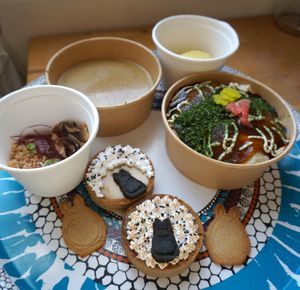 Okonomiyaki + Ramen (DIY style) + Tartelettes (take away menu) at Mori Cafe in Paris