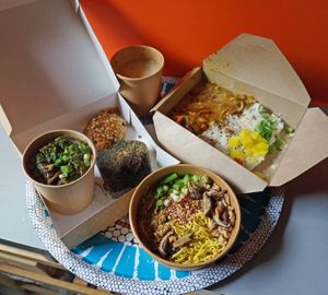 Ramen + Curry + Donburi + Cookie salty caramel + Black sesame cake at Mori Cafe in Paris