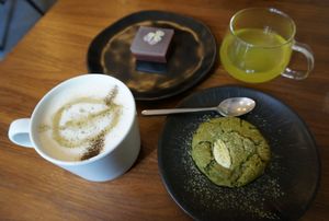 Hojicha Latte + Matcha cookie + Yokan +  Sencha at Mori Cafe in Paris