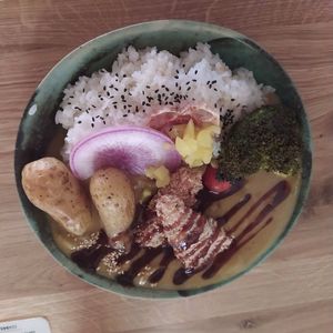 Curry with extra breaded tofu, honestly best tofu ever tasted! The potatoes were also very tasty! at Mori Cafe in Paris