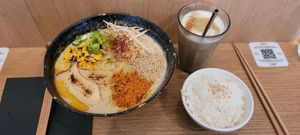 Ramen, rice bowl and wakochï latté. at Mori Cafe in Paris