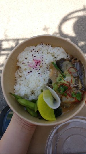 Bento with mainly eggplants, edamame and seaweed at Mori Cafe in Paris