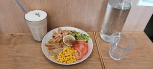 Hiyashi chûka (cold salad) with Royal Milk Tea (left). at Mori Cafe in Paris