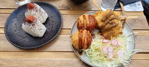 Onigiri, korokke and curry breaded tofu skewers. at Mori Cafe in Paris