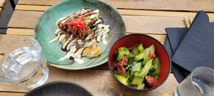 Okonomiyaki and cucumber salade with ume. at Mori Cafe in Paris