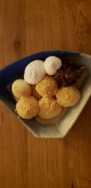 Tiny mochis with red bean puree and whipped cream at Mori Cafe in Paris