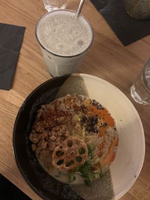 Black sesame shake and tonkotsu  at Mori Cafe in Paris