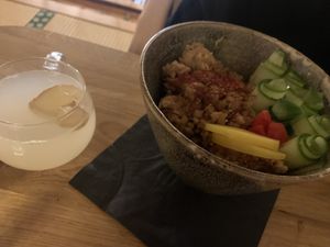 Gyudon and nice hot yuzu drink  at Mori Cafe in Paris