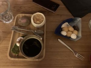 Red bean mochi and cafe grande  at Mori Cafe in Paris