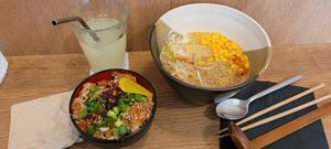 Mini donburi (left), miso ramen and home-made yuzu lemonade. at Mori Cafe in Paris