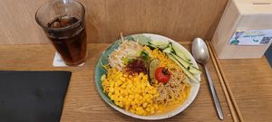 Hiyashi chuka (cold ramen) and homemade barley ice-tea. at Mori Cafe in Paris