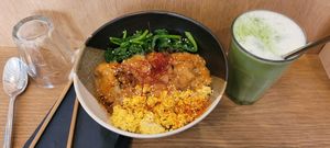 Soboro don + matcha latte. at Mori Cafe in Paris