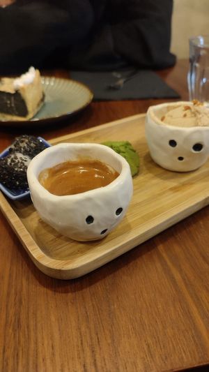 Café gourmand and sesame flan 🖤  at Mori Cafe in Paris