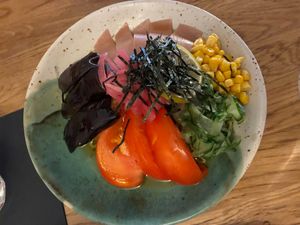 Hiyashi chuka (seasonal): cold noodles, roasted eggplant, tomato, cucumber, corn, ham, pickled red onion, roasted lime, nori, ponzu and sesame oil dressing at Mori Cafe in Paris