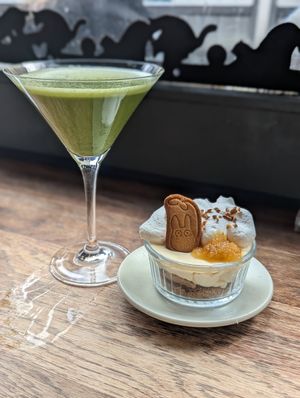 Matcha martini and deconstructed Yuzu cake at Mori Cafe in Paris