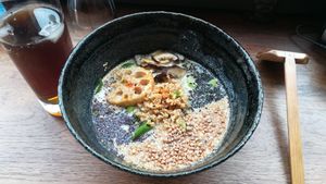 Ramen (soy milk, miso, mushrooms...) and barley ice tea. at Mori Cafe in Paris