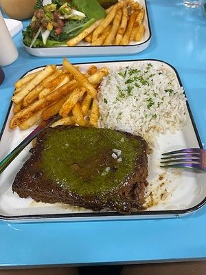 Chimmichurri Steak with Fries and Rice at Planticeria in Panama City