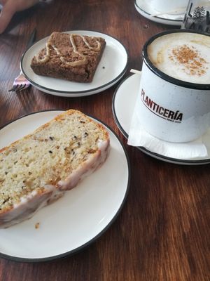 Lemon cake, brownie, oatmylk cappucchino at Planticeria in Panama City