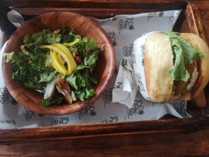 No-Chicken Burger with side salad instead of fries at Planticeria in Panama City