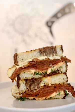 Best Vibes Reuben, Cacao bread, smoked plantiramy, sweet onions, kimchi mayo at Planticeria in Panama City