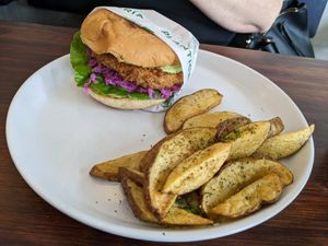 Plantichicken sandwich with fries at Planticeria in Panama City