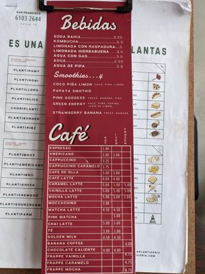 Menu at Planticeria in Panama City