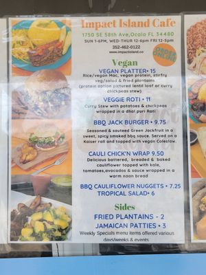 Vegan menu at Impact Island Cafe in Ocala