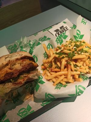 The big Oovee plus garlic butter fries at Oowee Vegan in North London