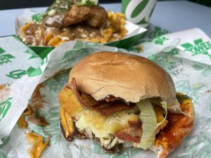 Double Cheese Burger plus Hash Brown and Bacon at Oowee Vegan in North London