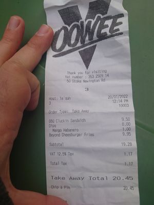 Receipt at Oowee Vegan in North London