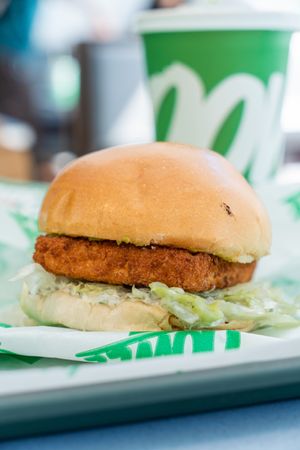 Omnifoods Ocean Burger. It's insanely tasty and fishy. 🤤🤤🤤🤤 at Oowee Vegan in North London