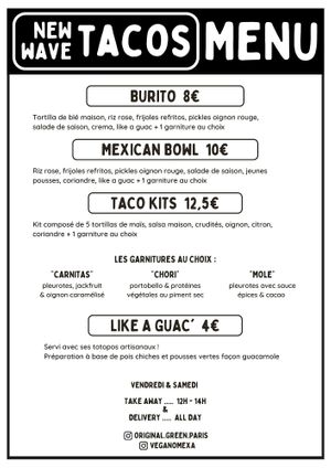 Friday & satuday menu at Original Green in Paris