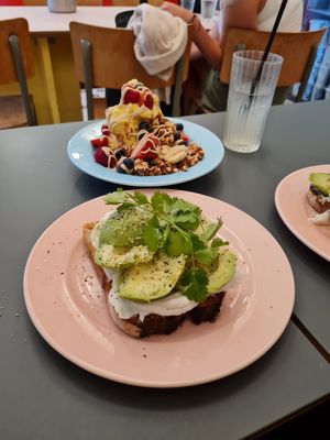 Avocado sandwich and banana yoghurt with peanut butter granola. at À la Lo in Stockholm