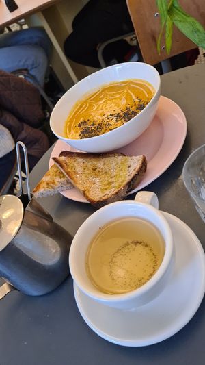 Herbal Tea and the Pumpkin Soup with toasted Bread at À la Lo in Stockholm