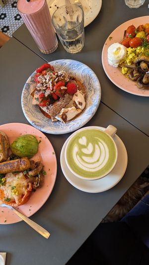 Brunch plate, pain perdu, toast à la Lo, Matcha latte at À la Lo in Stockholm