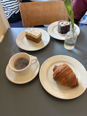 Cake, croissant and coffee   at À la Lo in Stockholm