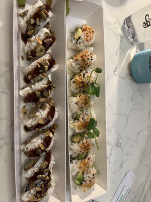 Spicy avocado (right), and slow roasted sweet potato rolls  at WholeLifeGo in Calgary