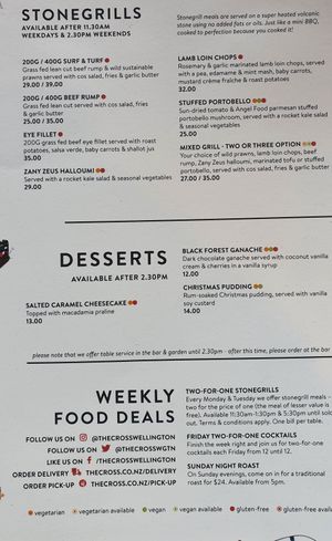 Menu Dec 2020 at Southern Cross Garden Bar Restaurant in Wellington