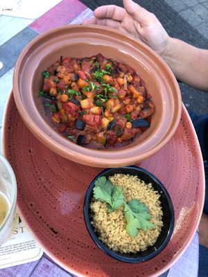 Tajine with eggplant and chickpea's and couscous on the side.  at Stelleplas in Heinkenszand
