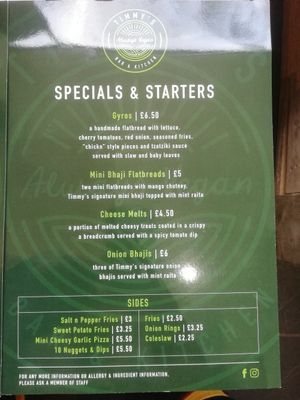 Sides menu at Timmy's Bar & Kitchen in Carlisle