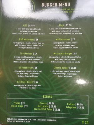 Burger menu at Timmy's Bar & Kitchen in Carlisle