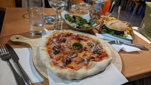 Pizza burger and house salad at Timmy's Bar & Kitchen in Carlisle