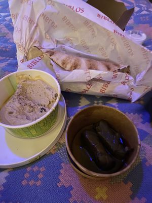 Hummus, flatbread and stuffed vine leaves   at Biblos in Bristol