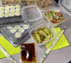 Vegan options - avocado sushi, vegan gyoza dumplings and vegan soba noodles. at Otoki in Celje