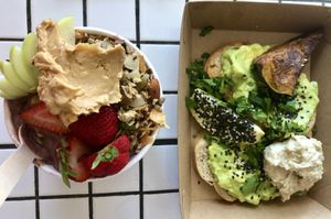 Açai bowl + avocado toast with cashew cheese  at Papaya in Lennox Head