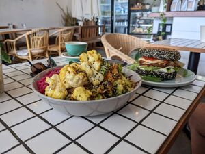 Bliss Bowl and Veggie Burger at Papaya Cafe, Lennox at Papaya in Lennox Head