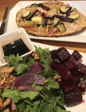 Beet and arugula salad prepared to my specifications. Husband’s vegan pizza at Pizza Fusion in Fort Myers